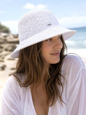 🆕🏷️ Coolibar Marina Cloche Women Sun Protective Hat White Crochet Fabric UPF50+